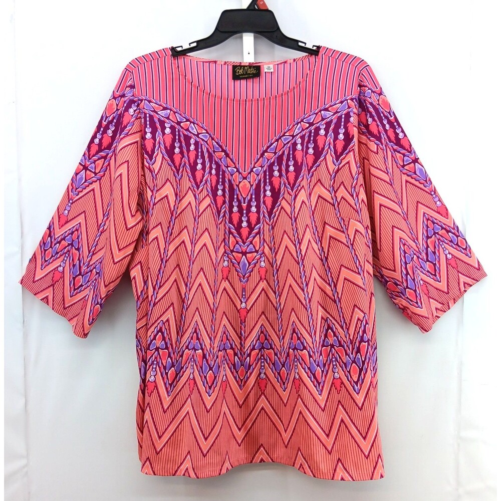 Bob Mackie Blouse Women Plus Size 3X Pink Orange Chevron Print 3/4 Sleeve Top